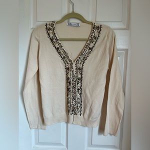 ZARA knit vintage style beaded V-neck Cardigan. Size M. Cream.